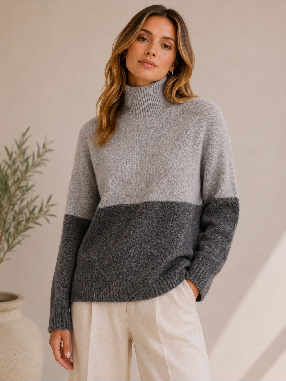 Saks Fifth Avenue 100% Cashmere Colorblock Turtleneck Sweater Gray Size M